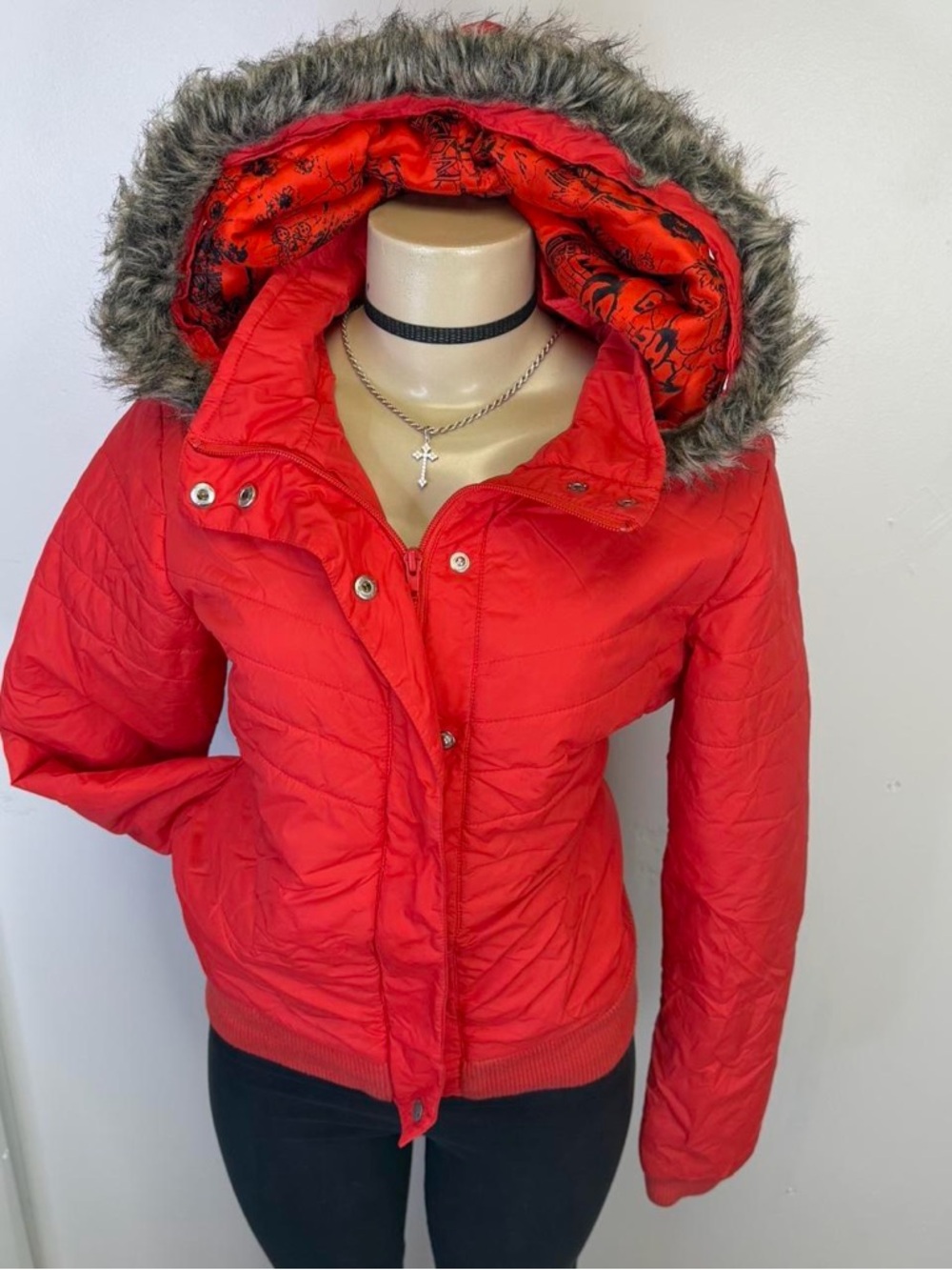Volcom Red Quilted Hooded Puffer with Faux Fur Trim